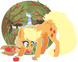 Size: 1095x876 | Tagged: safe, artist:tenebristayga, applejack, earth pony, pony, apple, apple tree, applejack's hat, cowboy hat, female, fluffy, food, hat, mare, mouth hold, simple background, snail, solo, transparent background, tree