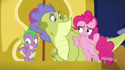 Size: 1920x1080 | Tagged: safe, screencap, pinkie pie, sludge (g4), spike, dragon, pony, father knows beast, winged spike