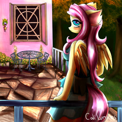 Size: 4096x4096 | Tagged: safe, artist:caliluminos, fluttershy, anthro, pegasus, absurd resolution, beautiful, blushing, chair, clothes, cute, female, flower, garden, grass, looking at you, looking back, looking back at you, shyabetes, signature, solo, table, tree