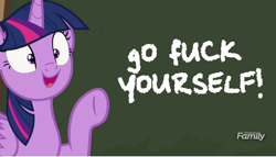 Size: 764x436 | Tagged: safe, derpibooru import, edit, edited screencap, screencap, twilight sparkle, twilight sparkle (alicorn), alicorn, pony, ppov, chalkboard, exploitable meme, meme, pointing, solo, twilight's blackboard, vulgar