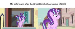 Size: 1381x542 | Tagged: safe, edit, edited screencap, editor:countcoltnackh, screencap, starlight glimmer, pony, unicorn, the cutie map, the cutie re-mark, april fools, april fools 2019, caption, derpibooru, equal cutie mark, exploitable meme, female, filly, image macro, implied capitalism, mare, meme, meta, our town, s5 starlight, text