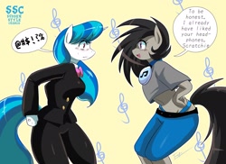 Size: 2040x1488 | Tagged: safe, artist:traupa, dj pon-3, octavia melody, vinyl scratch, anthro, alternate hairstyle, blue underwear, clothes, clothes swap, dialogue, female, headphones, looking at each other, mane swap, mare, midriff, panties, pants, rocktavia, short shirt, smiling, speech bubble, ssc, sudden style change, suit, thong, underwear, vinyl class