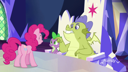 Size: 1920x1080 | Tagged: safe, screencap, pinkie pie, sludge (g4), spike, dragon, earth pony, pony, father knows beast, cutie map, friendship throne, pointing, sitting, throne, throne room, twilight's castle, winged spike