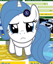 Size: 1080x1289 | Tagged: safe, artist:badumsquish, derpibooru exclusive, part of a set, oc, oc only, oc:derpi dot, oc:download, oc:theame™, oc:theme, pony, unicorn, angry, april fools, april fools 2019, article 13, badumsquish's kitties, bits, coin, derpibooru, derpibooru ponified, derpibooru theme illusion, dollar sign, european union, female, frown, glare, hairpin, illusion, looking at you, looking up, mare, meta, ponified, sitting, solo, stars