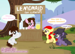 Size: 1236x894 | Tagged: safe, artist:shinta-girl, oc, oc only, oc:shinta pony, comet, lemonade stand, ponyville park, spanish, winged shine