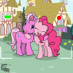 Size: 3200x3200 | Tagged: safe, artist:pizzamovies, pinkie pie, pinkie pie (g3), earth pony, pony, g3, 35th anniversary, cute, diapinkes, duo, eyes closed, g3 diapinkes, generational ponidox, hug, open mouth, record