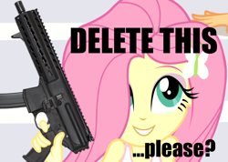 Size: 2136x1518 | Tagged: safe, artist:dwk, edit, edited screencap, screencap, fluttershy, equestria girls, blackmail, caption, cute, delet this, gun, image macro, impact font, meme, mpx, no trigger discipline, paradox, shyabetes, sig sauer, text, totally legit recap, weapon