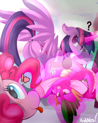 Size: 4000x5000 | Tagged: safe, artist:kribbles, derpibooru import, pinkie pie, spike, twilight sparkle, twilight sparkle (alicorn), alicorn, dragon, earth pony, pony, blushing, castle, cloud, featureless crotch, heart, horn, looking at you, magic, mountain, telekinesis, tongue out, twibutt, waterfall, wings