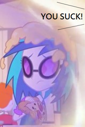 Size: 318x472 | Tagged: safe, dj pon-3, vinyl scratch, equestria girls, equestria girls series, overpowered (equestria girls), abuse, bully, bullying, food, image macro, meat, meme, op is a cuck, pepperoni, pepperoni pizza, pizza, sad, this will end in school shooting, vinylbuse