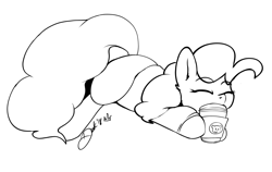 Size: 3000x1896 | Tagged: safe, artist:lildooks, pinkie pie, pony, coffee, monochrome, prone, solo