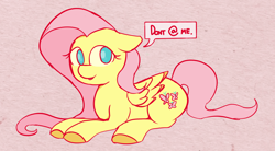 Size: 1200x664 | Tagged: safe, artist:niteax, fluttershy, pegasus, pony, @, abstract background, cute, dialogue, don't @ me, female, floppy ears, hooves, looking at you, mare, open mouth, prone, reaction image, smiling, solo