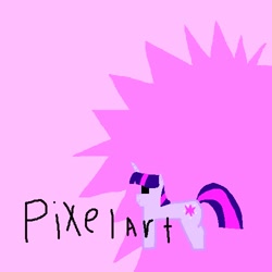 Size: 500x500 | Tagged: safe, artist:undeadponysoldier, twilight sparkle, pony, unicorn, black sclera, derpibooru, female, meta, pink background, pixel art, simple background, smiling, solo, spoiler tag, spoilered image joke