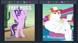 Size: 492x272 | Tagged: safe, bulk biceps, starlight glimmer, better together, equestria girls, spring breakdown, derpibooru, free hugs, juxtaposition, juxtaposition win, meme, meta, rubber duck