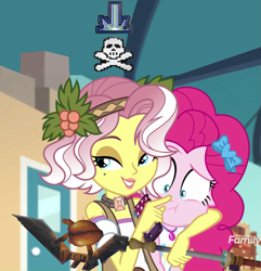 Size: 1437x1493 | Tagged: safe, edit, edited screencap, screencap, pinkie pie, vignette valencia, better together, equestria girls, rollercoaster of friendship, boop, cropped, discovery family logo, headlock, personal space invasion, runescape, scrunchy face, stranger danger