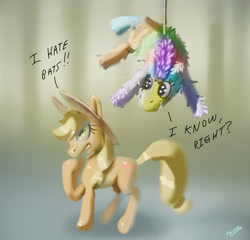 Size: 2458x2356 | Tagged: safe, artist:hecc95, applejack, earth pony, pony, bats!, discordant harmony, cowboy hat, dialogue, female, hat, mare, piñata, pun, stetson, this will end in angry countryisms, this will end in pain and/or angry countryisms
