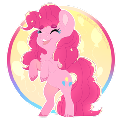 Size: 900x900 | Tagged: safe, artist:sadelinav, pinkie pie, earth pony, pony, beanbrows, circle background, cute, cutie mark background, diapinkes, eyebrows, eyes closed, female, hoof polish, kidcore, mare, open mouth, rearing, simple background, smiling, solo, transparent background, unshorn fetlocks