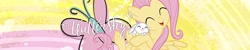 Size: 1500x300 | Tagged: safe, angel bunny, fluttershy, butterfly, pegasus, pony, official, official art, rainbow squad, simple background, stock image, yellow background