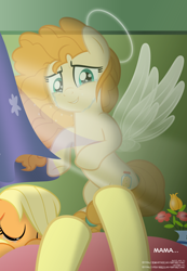 Size: 4970x7183 | Tagged: safe, artist:jhayarr23, apple bloom, applejack, pear butter, angel, earth pony, pony, absurd resolution, crying, curtains, feels, female, filly, flower, halo, mare, offscreen character, pov, right in the feels, sad