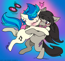 Size: 1000x939 | Tagged: safe, artist:kaemantis, dj pon-3, octavia melody, vinyl scratch, earth pony, pony, unicorn, bipedal, bipedal leaning, blushing, ear piercing, eyes closed, female, heart, kiss on the cheek, kissing, leaning, lesbian, mare, one eye closed, piercing, scratchtavia, shipping