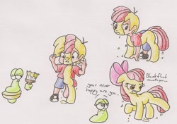 Size: 1853x1301 | Tagged: safe, artist:cjsluggle, apple bloom, oc, earth pony, human, pony, blank flank, disappearing clothes, grumpy, human to pony, male to female, non-mlp oc, paint, paintbrush, rule 63, simple background, slug, traditional art, transformation, transformation sequence, transgender transformation, white background