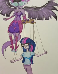 Size: 1024x1316 | Tagged: safe, artist:missmayaleanne, midnight sparkle, sci-twi, twilight sparkle, equestria girls, clothes, crying, floating, glasses, pants, possessed, puppet, simple background, traditional art, white background