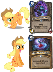 Size: 1008x1375 | Tagged: safe, applejack, earth pony, pony, apple, applejack's hat, bucking, card, cowboy hat, cute, food, happy, hat, hearthstone, simple background, warcraft