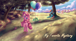 Size: 4196x2292 | Tagged: safe, artist:stratodraw, gummy, pinkie pie, oc, earth pony, pony, acoustic guitar, balloon, female, forest, guitar, male, mare, ponyville, smiling, stallion, tree