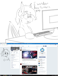 Size: 1920x2500 | Tagged: safe, artist:eclipsepenumbra, artist:eclipsethebat, oc, oc only, oc:eclipse penumbra, bat pony, browser, computer, firefox, meta, reaction, rule 63, sketch, twitter