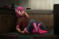 Size: 1000x664 | Tagged: safe, artist:geoffrey mcdermott, pinkie pie, earth pony, pony, clothes, counter, frog (hoof), human to pony, kitchen, open mouth, pants, pots, ripping clothes, shirt, shoes, sitting, solo, transformation, underhoof