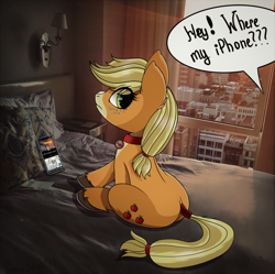 Size: 1782x1778 | Tagged: safe, artist:php97, applejack, pony, bed, city, collar, cute, cutie mark, female, freckles, iphone, irl, looking at you, offscreen character, pet, pet tag, photo, ponies in real life, pony pet, sitting, solo, tail wrap, tumblr