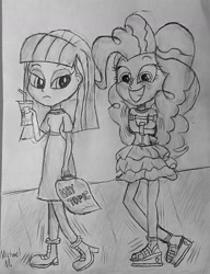 Size: 1024x1332 | Tagged: safe, artist:michaelmaddox222, maud pie, pinkie pie, equestria girls, bondage, female, hay topic, monochrome, pencil drawing, restrained, sisters, straitjacket, traditional art