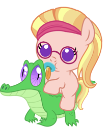 Size: 886x1017 | Tagged: safe, artist:red4567, gummy, honey lemon, pony, baby, baby pony, cute, glasses, pacifier, ponies riding gators, riding, simple background, white background
