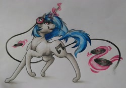 Size: 1337x935 | Tagged: safe, artist:cloud-dash, dj pon-3, vinyl scratch, pony, headphones, magic, record, solo, traditional art