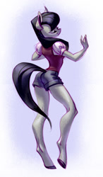 Size: 806x1378 | Tagged: safe, artist:holivi, octavia melody, anthro, earth pony, unguligrade anthro, adorasexy, booty shorts, clothes, cute, eyes closed, female, leg focus, legs, mare, sexy, shorts, solo, treblebutt