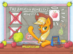 Size: 4170x3090 | Tagged: safe, artist:xeviousgreenii, applejack, earth pony, pony, school daze, abacus, absurd file size, apple, applejack's hat, attack of the killer tomatoes, biased, book, chalkboard, cheese, cowboy hat, female, food, globe, grapes, halo, hat, newton's cradle, pear, pointer, scene interpretation, solo, sponge, strawberry, teacher, that pony sure does hate pears, that pony sure does hate strawberries, that pony sure does love apples, tongue out