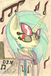 Size: 1024x1536 | Tagged: safe, artist:sar-the-pony, dj pon-3, vinyl scratch, pony, clothes, hoodie, red eyes, solo, traditional art, watermark, wrong eye color