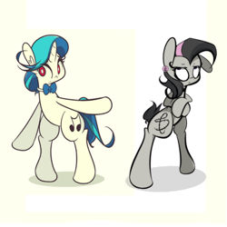 Size: 894x894 | Tagged: safe, artist:turtlefarminguy, dj pon-3, octavia melody, vinyl scratch, earth pony, pony, alternate hairstyle, alternate universe, bipedal, mirror universe, octavia is not amused, personality swap, rocktavia, unamused, vinyl class