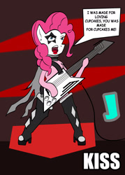 Size: 1568x2188 | Tagged: safe, artist:jenjan23all, pinkie pie, pony, boots, funny, guitar, kiss (band), metal, paul stanley, red, rock, shoes, singing, soft, solo, the starchild, venezuela