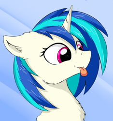 Size: 589x630 | Tagged: safe, artist:wolfypon, dj pon-3, vinyl scratch, pony, unicorn, :p, abstract background, bust, cheek fluff, chest fluff, ear fluff, female, fluffy, mare, missing accessory, no glasses, silly, smiling, solo, tongue out