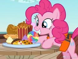 Size: 597x451 | Tagged: safe, screencap, pinkie pie, earth pony, pony, ppov, candy, caramel apple (food), cookie, cropped, cupcake, food, lifejacket, lollipop, mouth hold, peanut, pie, solo