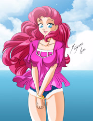 Size: 2153x2786 | Tagged: safe, artist:shinta-girl, pinkie pie, human, equestria girls, beautiful, breasts, cloud, female, humanized, looking at you, sky, solo, summer, water