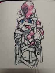 Size: 768x1024 | Tagged: safe, artist:chenxi, pinkie pie, pony, clothes, costume, drool, frog (hoof), halloween, holiday, mummy, mummy costume, solo, tongue out, traditional art, underhoof