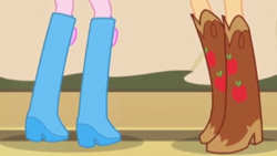 Size: 2208x1242 | Tagged: safe, screencap, applejack, pinkie pie, equestria girls, rainbow rocks, apple, boots, cowboy boots, food, high heel boots, legs, pictures of legs, shoes