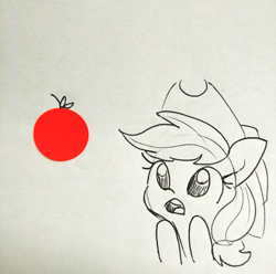 Size: 1440x1430 | Tagged: safe, artist:tjpones, applejack, earth pony, pony, amazed, apple, cowboy hat, female, food, hat, lineart, mare, monochrome, simple background, sketch, solo, stetson, traditional art