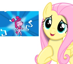 Size: 816x715 | Tagged: safe, fluttershy, dog, pegasus, pony, poodle, bipedal, cbc, cute, doodlebops, female, green eyes, hoof on chest, music notes, reaction image, simple background, white background