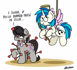 Size: 4975x4505 | Tagged: safe, artist:bobthedalek, dj pon-3, octavia melody, vinyl scratch, earth pony, pony, unicorn, absurd resolution, arrows, bow (weapon), bowtie, clothes, costume, cupid, diaper, fake wings, heart arrow, hearts and hooves day, octavia is not amused, rope, scrunchy face, the things i do for love, this will not end well, unamused, wings