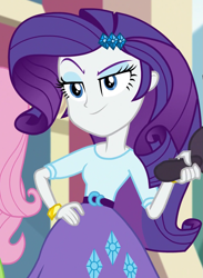 Size: 785x1072 | Tagged: safe, screencap, fluttershy, rarity, dance magic, equestria girls, spoiler:eqg specials, belt, bracelet, clothes, cropped, female, hairpin, jewelry, sassy, skirt, smiling, smirk, solo focus