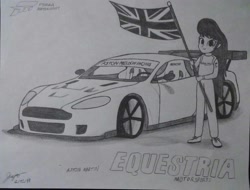 Size: 1885x1432 | Tagged: safe, artist:forzaveteranenigma, octavia melody, fanfic:equestria motorsports, equestria girls, aston martin, aston martin dbr9, aston martin racing, aston melody, aston melody racing, britavia, british, british flag, car, flag, flag pole, racing suit, traditional art, union jack