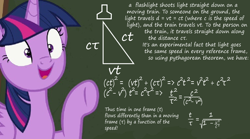 Size: 1014x563 | Tagged: safe, derpibooru import, edit, edited screencap, screencap, twilight sparkle, twilight sparkle (alicorn), alicorn, pony, ppov, chalkboard, exploitable meme, meme, physics, relativity, science, solo, special relativity, text, twilight's blackboard