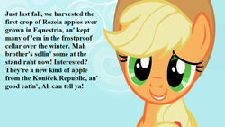 Size: 1152x648 | Tagged: safe, edit, edited screencap, screencap, applejack, earth pony, pony, sisterhooves social, bronybait, cropped, cute, happy, implied big macintosh, jackabetes, smiling, text, that pony sure does love apples